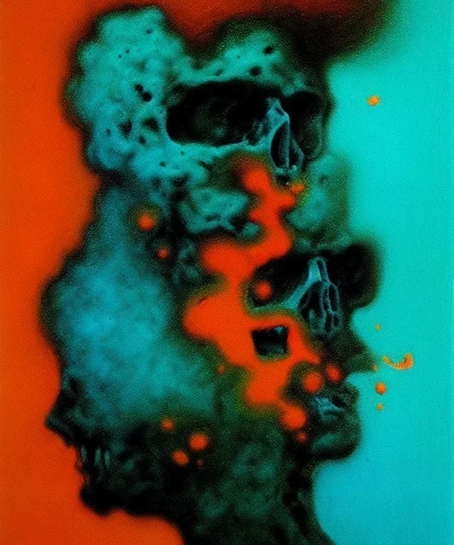 broken skull. black background. smoke and explode. particles in air. teal and orange. abstract. beksinski.