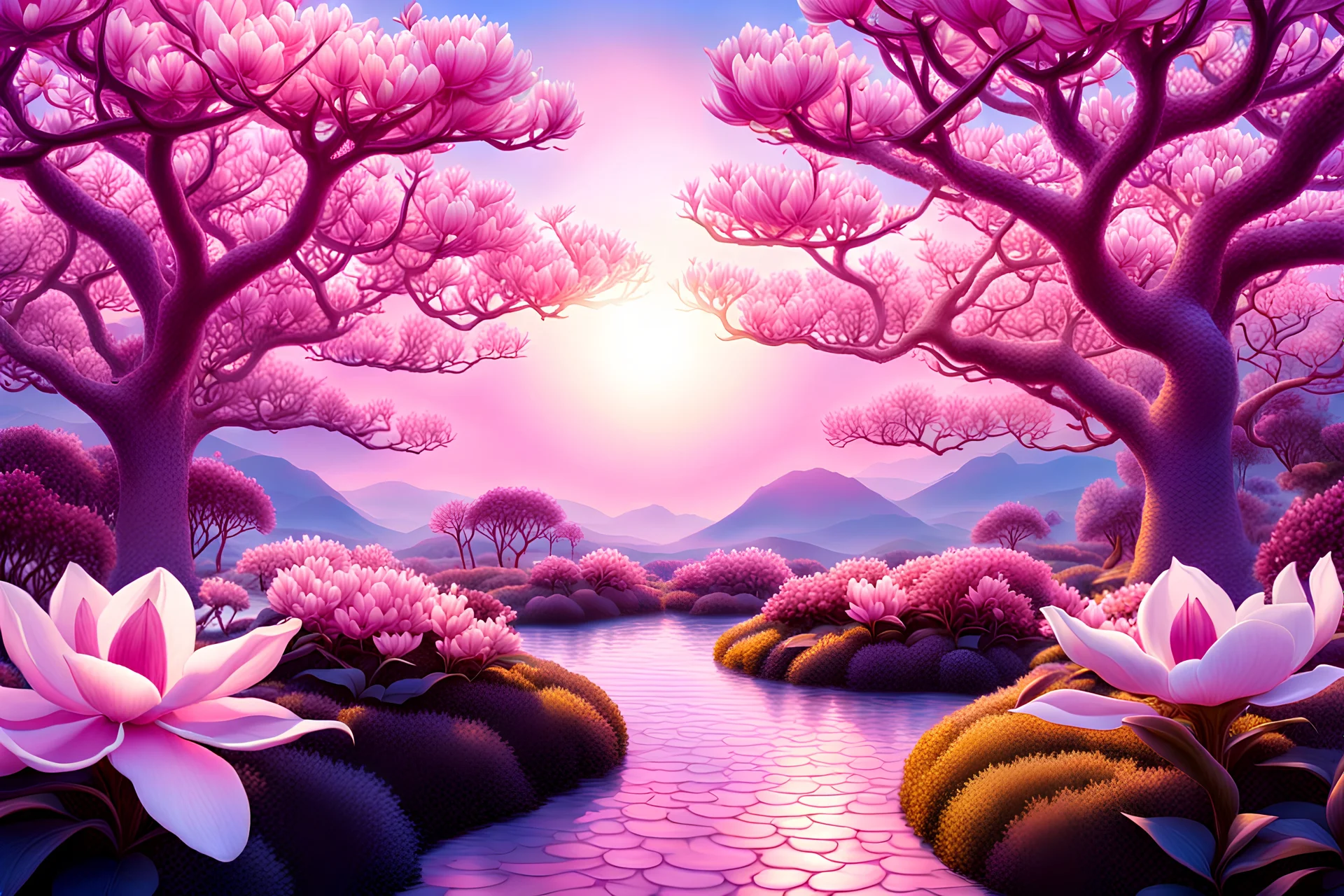Magic garden with magnolia trees, pink, parma or blue light effects colors, sun, realistic, nice flowers, high contrast, 8k, high definition, concept art, sharp focus