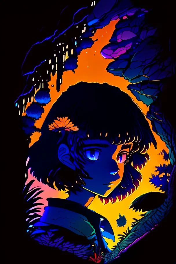 Dark background, nighttime, dark lighting, minimalist shading and depth detail, anime style, Studio Ghibli style, cel shading, sci-fi artwork by Moebius, nighttime blue highlights, extremely smooth blending, blue indigo violet red orange yellow green; AN ORANGE scientist Dark Zendaya girl with a bob, detailed face, yellow eyes, dense colorful cave ecosystem, sense of depth, little ALIEN reptile hybrid pet, spiked germs monster creatures, pollen particles, glitter pop detailing in the air