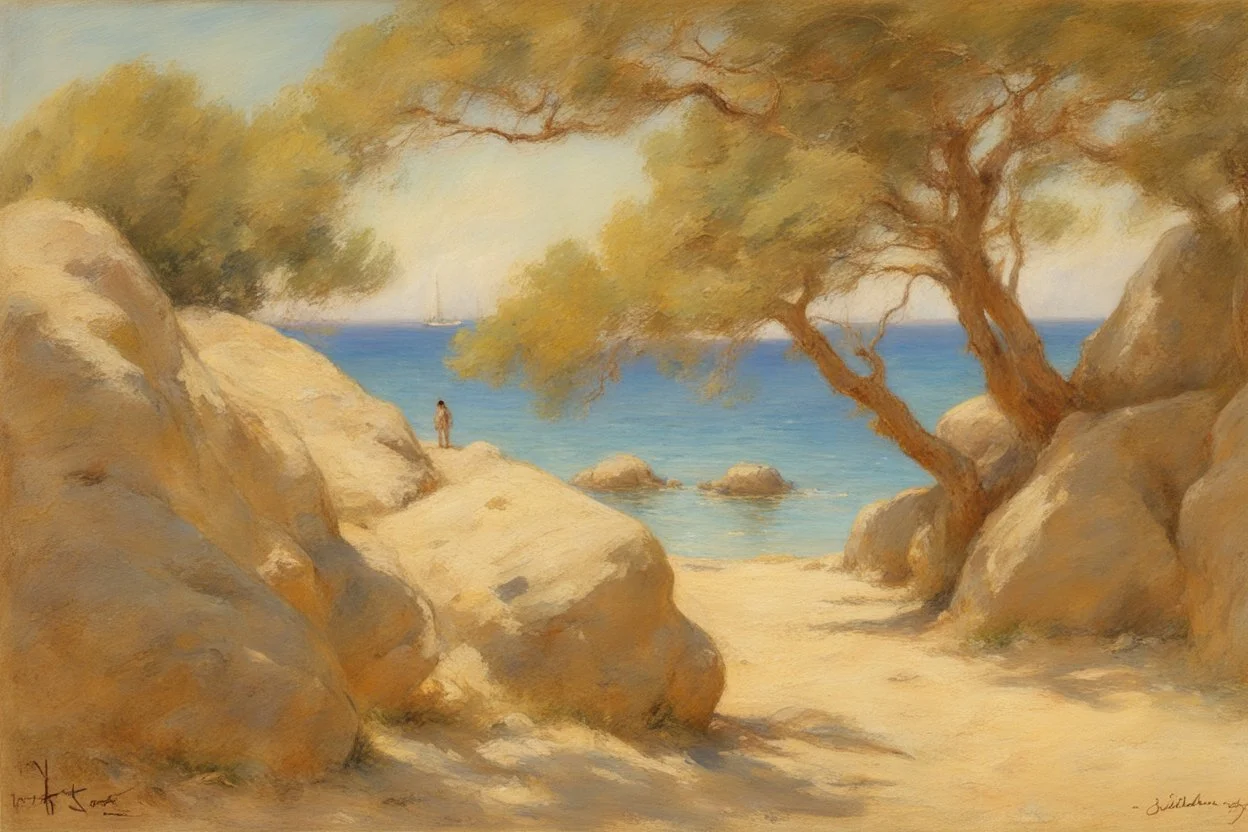 summer, trees, rocks, rihanna influence, henry scott tuke and sidney starr painter impressionism painting