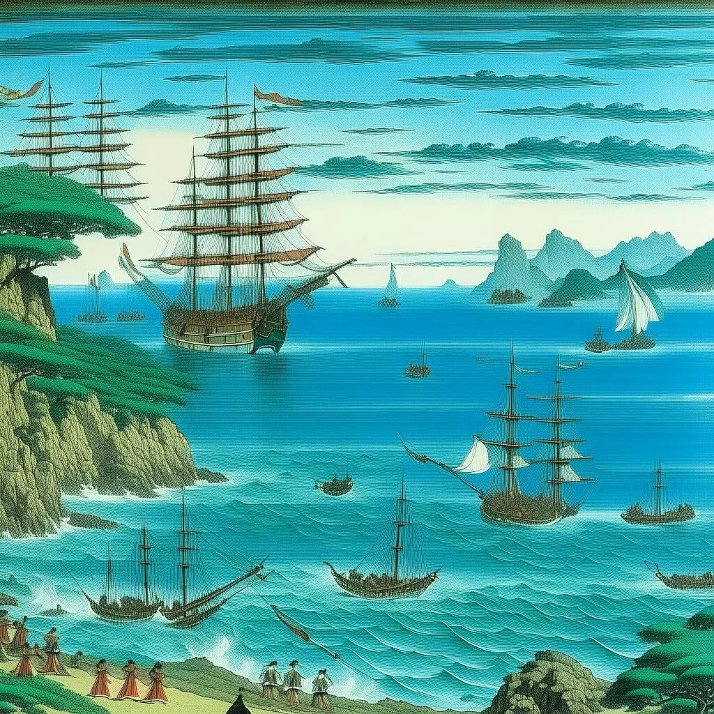 A cerulean blue bay with pirate ships painted by Utagawa Hiroshige