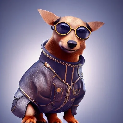 cute male daschund with the body of a human, wearing a leather jacket and sunglasses, pixar style, dramatic, dramatic lighting, volumetric lighting, hyperrealism, 8k, high quality, photorealistic, lot of details