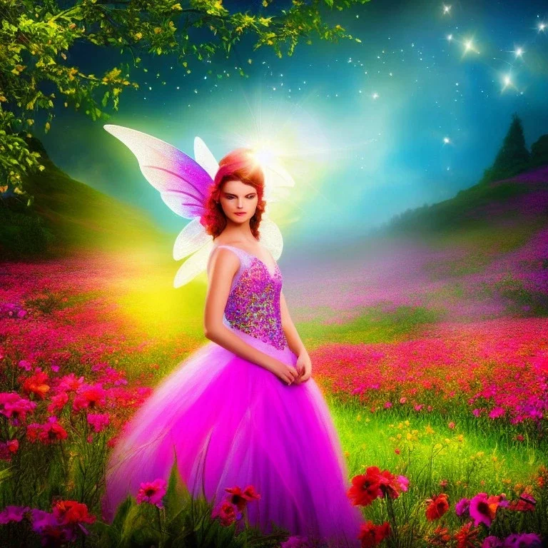 bright fairy, beautiful portrait, flowery landscape