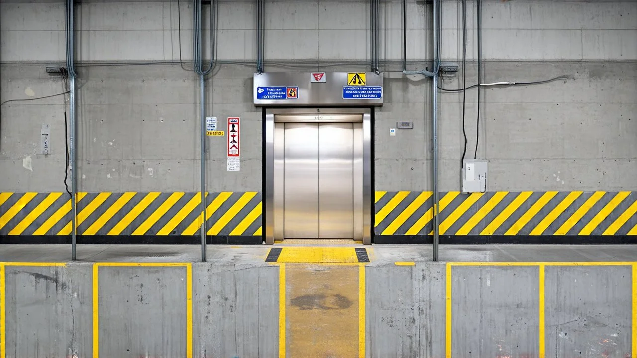 wall design for parking garage, concrete, yellow marking lines, hazard lines, weathering and water stains, realistic elevator doors in middle. a sign is above the elevator doors. rough painted hashmarks and parking lines, add signage found in a parking garage. add electrical wiring