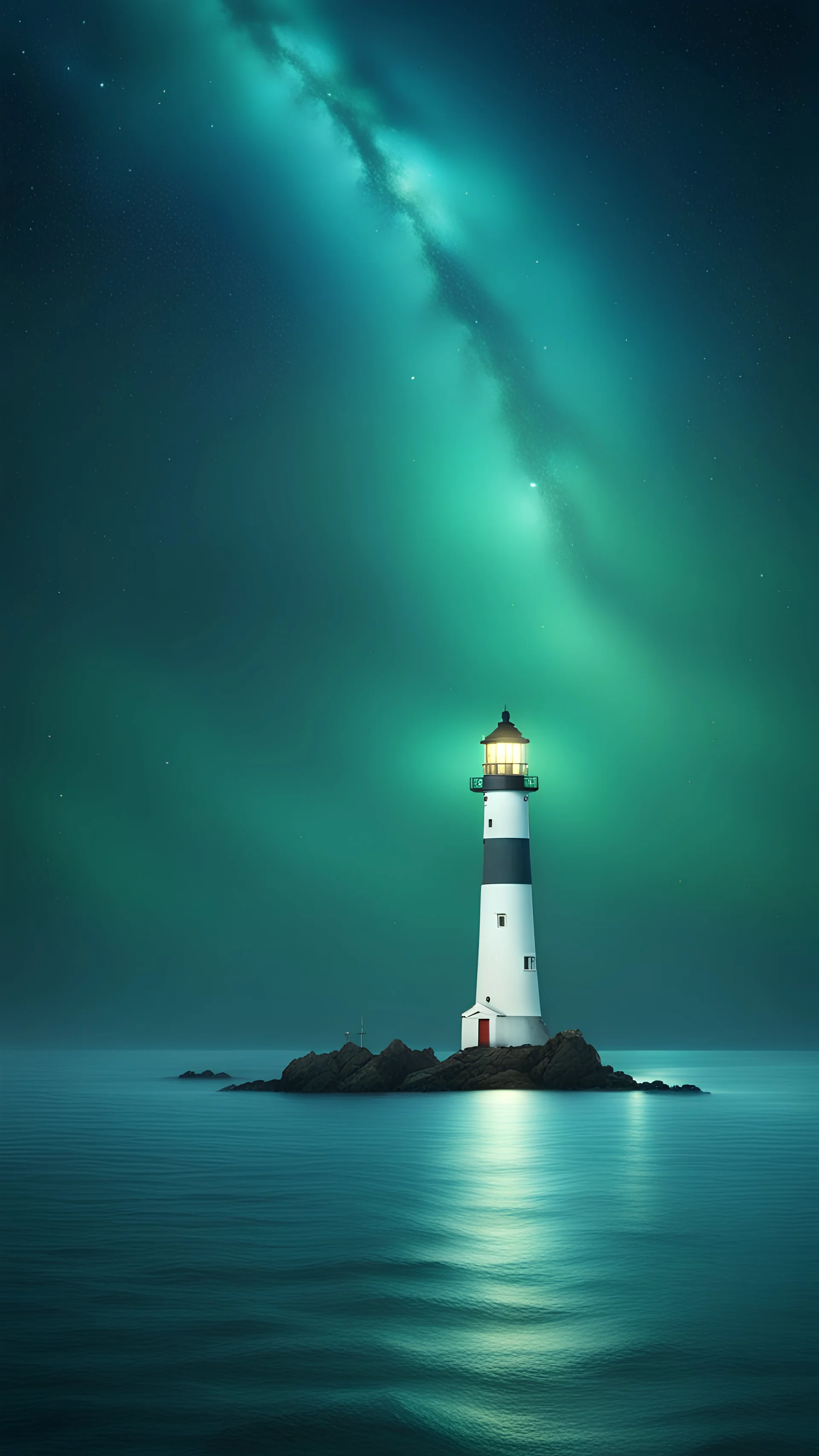 Under the blue-green starry sky, on the vast sea, there are three lighthouses located in different places.