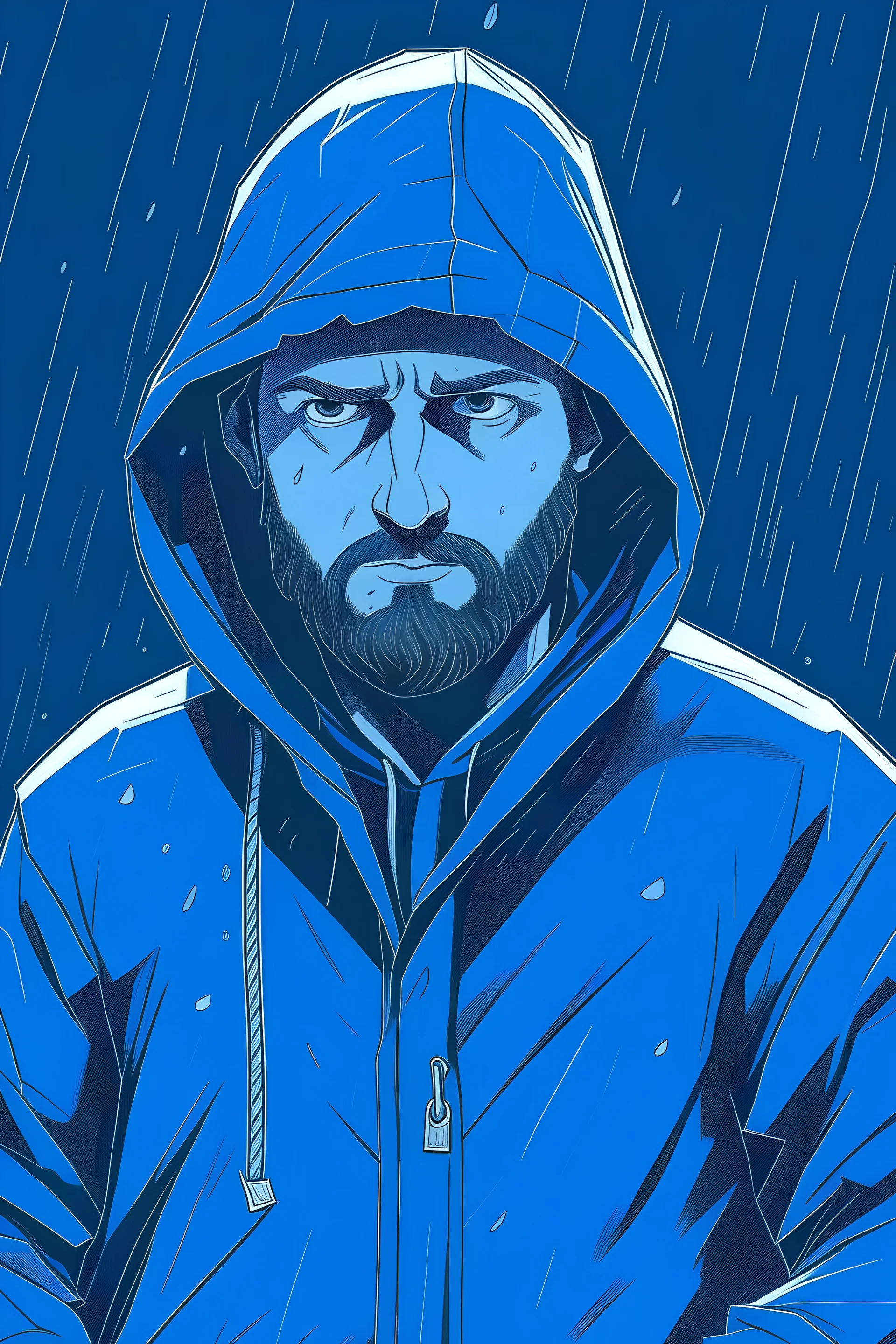 A person with short bearded wearing a dark blue hoodie of Celvin Klein. His head is covered by the hoodies cap, he puts his hands in his pockets and walking. the background is in blue color where one lightning has happened. he is wearing a blue handkerchief on his face.