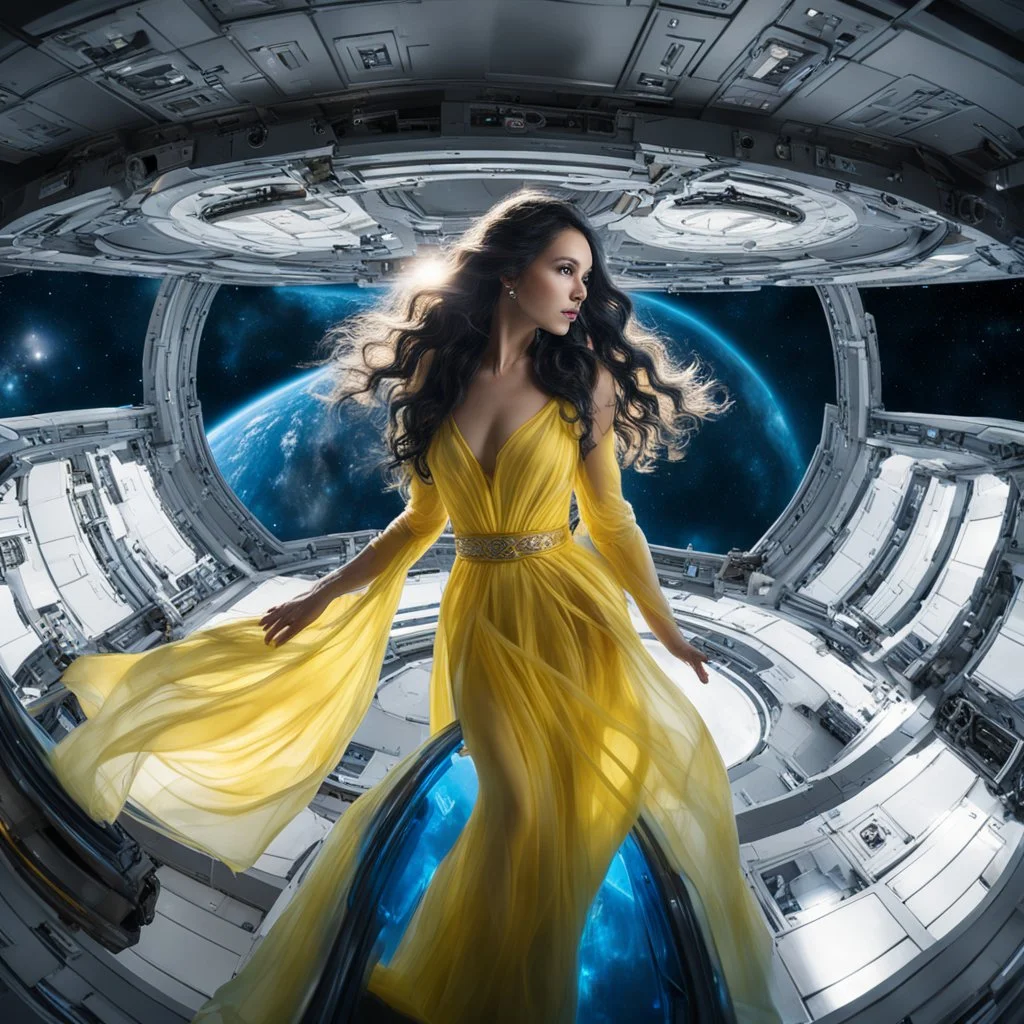 wide-angle photo of a woman in a yellow dress, with long glowing blue wavy hair, on a space station with views into space