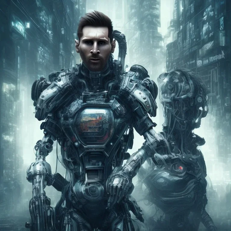 portrait post-apocalypse perfect face lionel messi cyborgs in a cyberpunk city, sci-fi fantasy style, 8k,dark