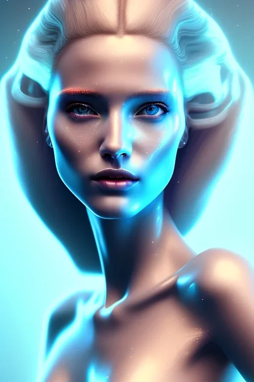 cyberpunk, head, women, portrai, tron sketch of a girl on lined paperA beautiful one nude body of a make up smiling woman blond long hair, alone, high key lighting, volumetric light high details with white stripes and blue eye, smiling with plump pink lips, flowers around, unreal engine petit prince belle fine, profil de trois quart, grand front cosmique, peau bleu cristalline, yeux bleu, perle sur le front long cheveux blond et rose etoilé, cristaux sur le corps, collier de grande princesse, l