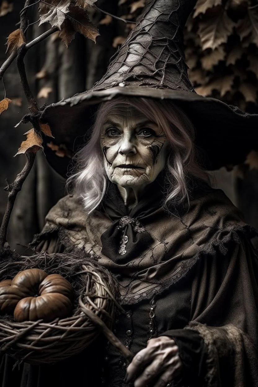 Old pale skinned Witchery Witch ready for the Coven in rusty autumn leaves and silver cobwebs. with burnished browns and abyss black.