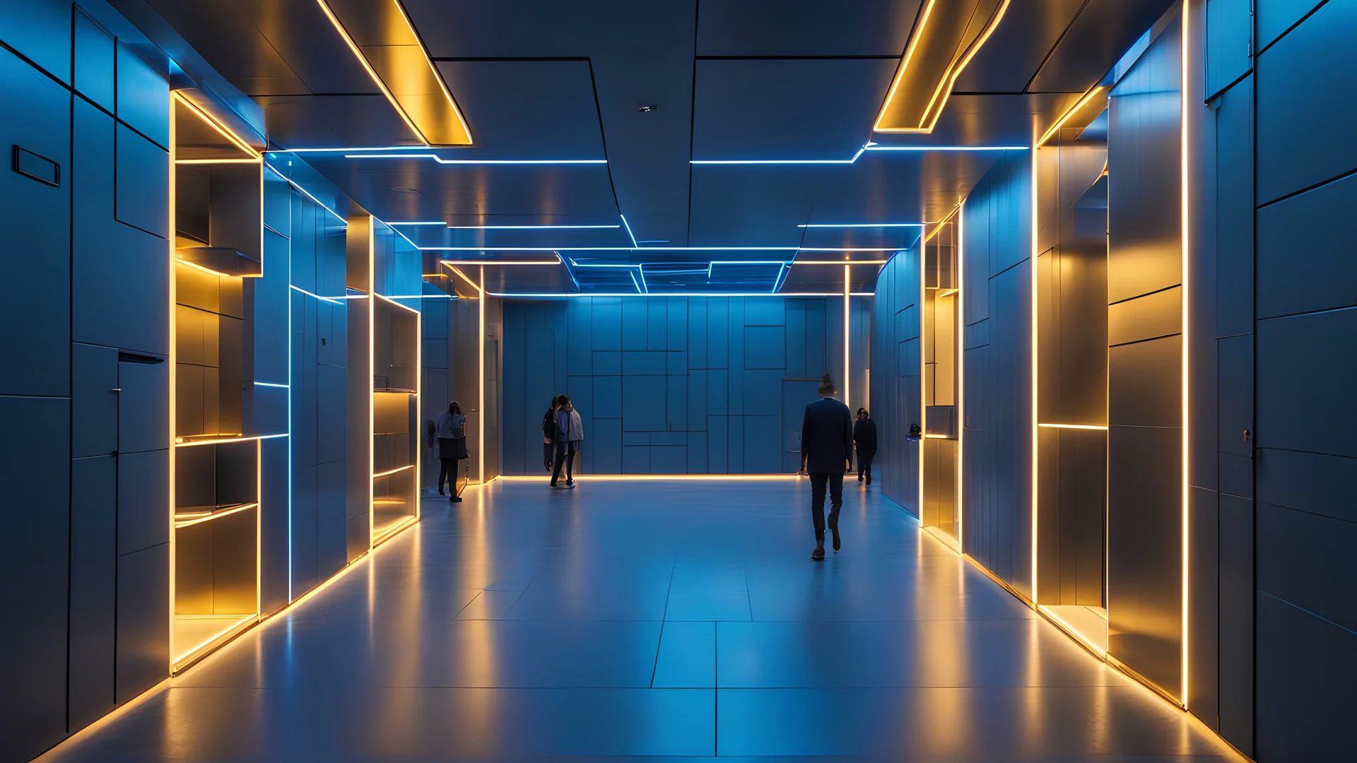 Minimalist cubic interior space with steel walls, ceilings and floors illuminated with neon lights in blue and gold tones inside which different people walk.