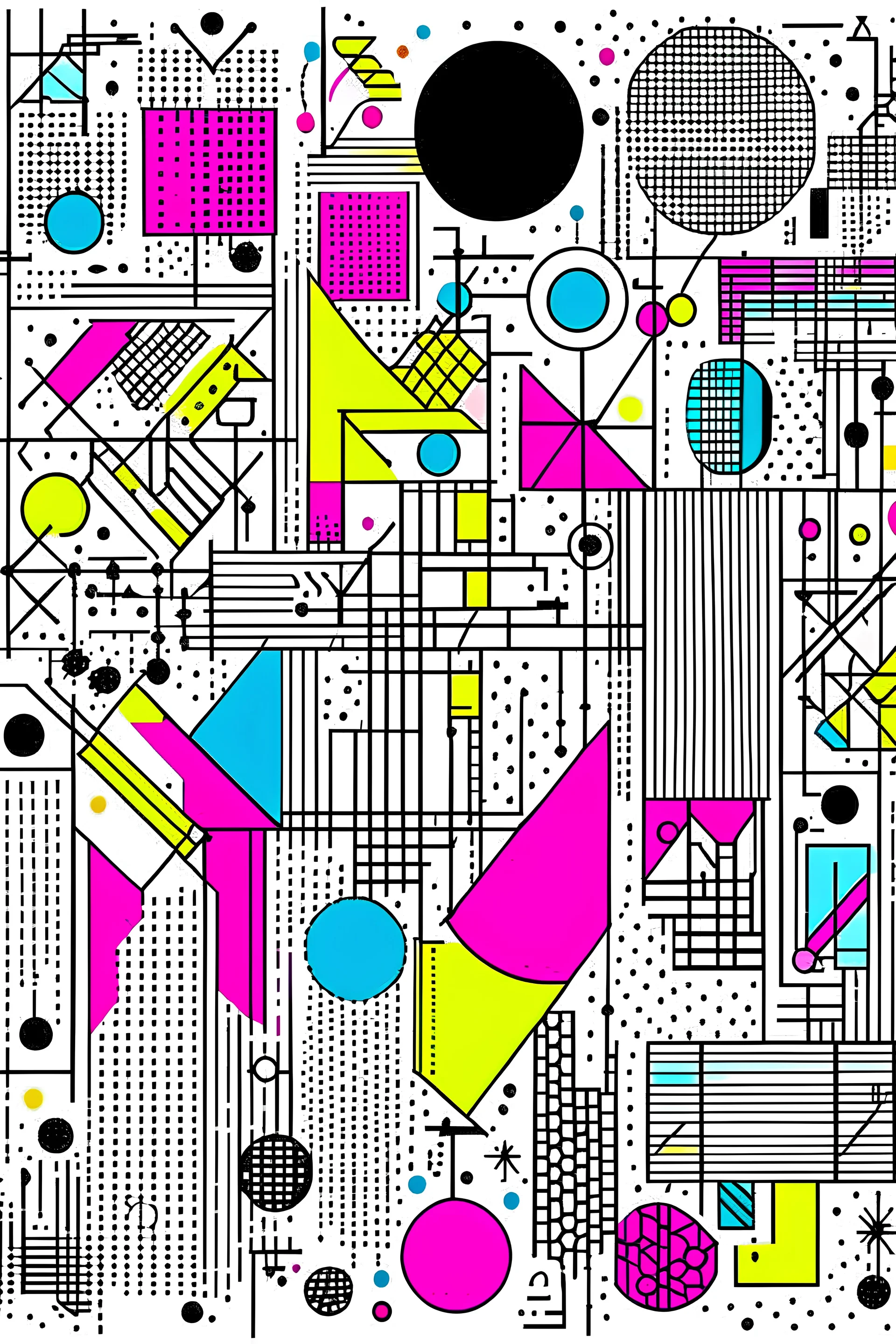 A vector line art image in the style of Kandinsky, with dozens of tiny abstract icons, using a single line weight. The color palette should heavily feature the colors cyan, magenta, yellow, and black, with a white background. The image should be low contrast with excessive white space.