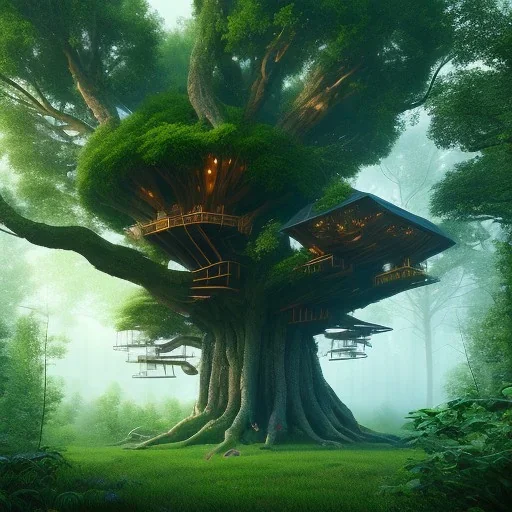 A giant tree With a giant treehouse,8k, meditation,beautiful,wild,