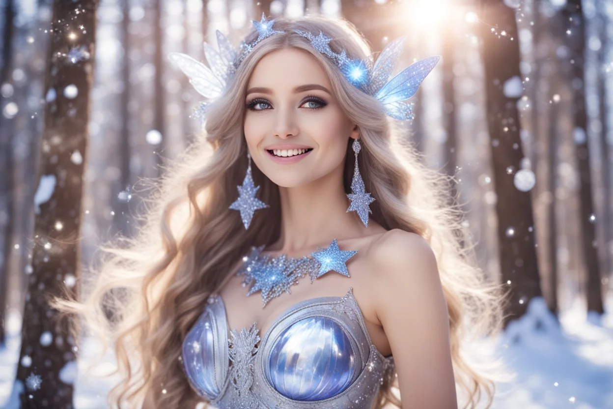 very beautiful fairy women with long hair, little smile, with cosmic silver metallic suite and brightly earings. in the background there is a bautiful little magic forest with snow and sky with stars and light beam