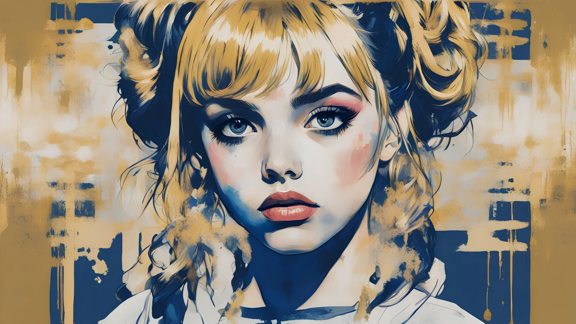 Poster in two gradually, a one side the Singer Danish MØ face and other side the Singer Melanie Martinez face, symmetry, painting by Yoji Shinkawa, darkblue and gold tones,