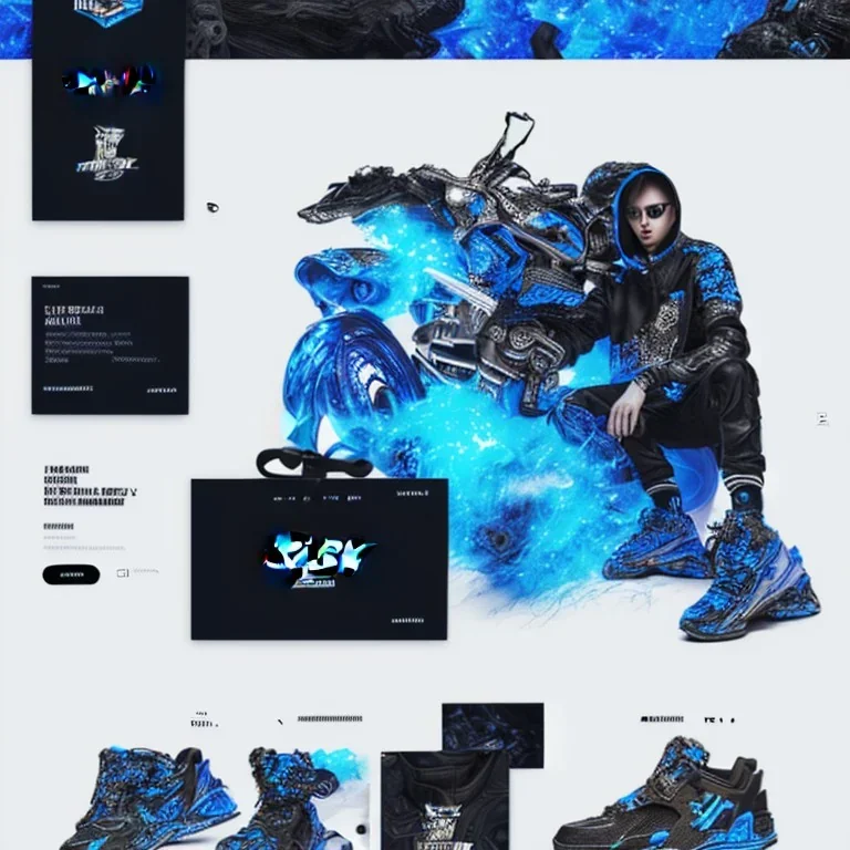 Highly detailed Homepage Website layout for a streetwear brand, Neon Blue and Black, Neobrutalism, UX, UI