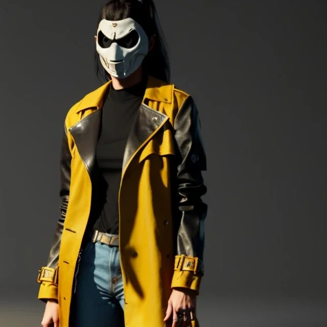 A badass Sofia Buttela wearing a scream mask, atmospheric, realistic, yellow leather trench coat, unreal engine, cinematic lighting, octane render.