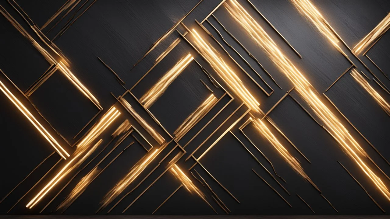 Hyper Realistic Rustic-Glowing-Golden-Diagonal-Intersecting-Lines on rustic-jet-black wall