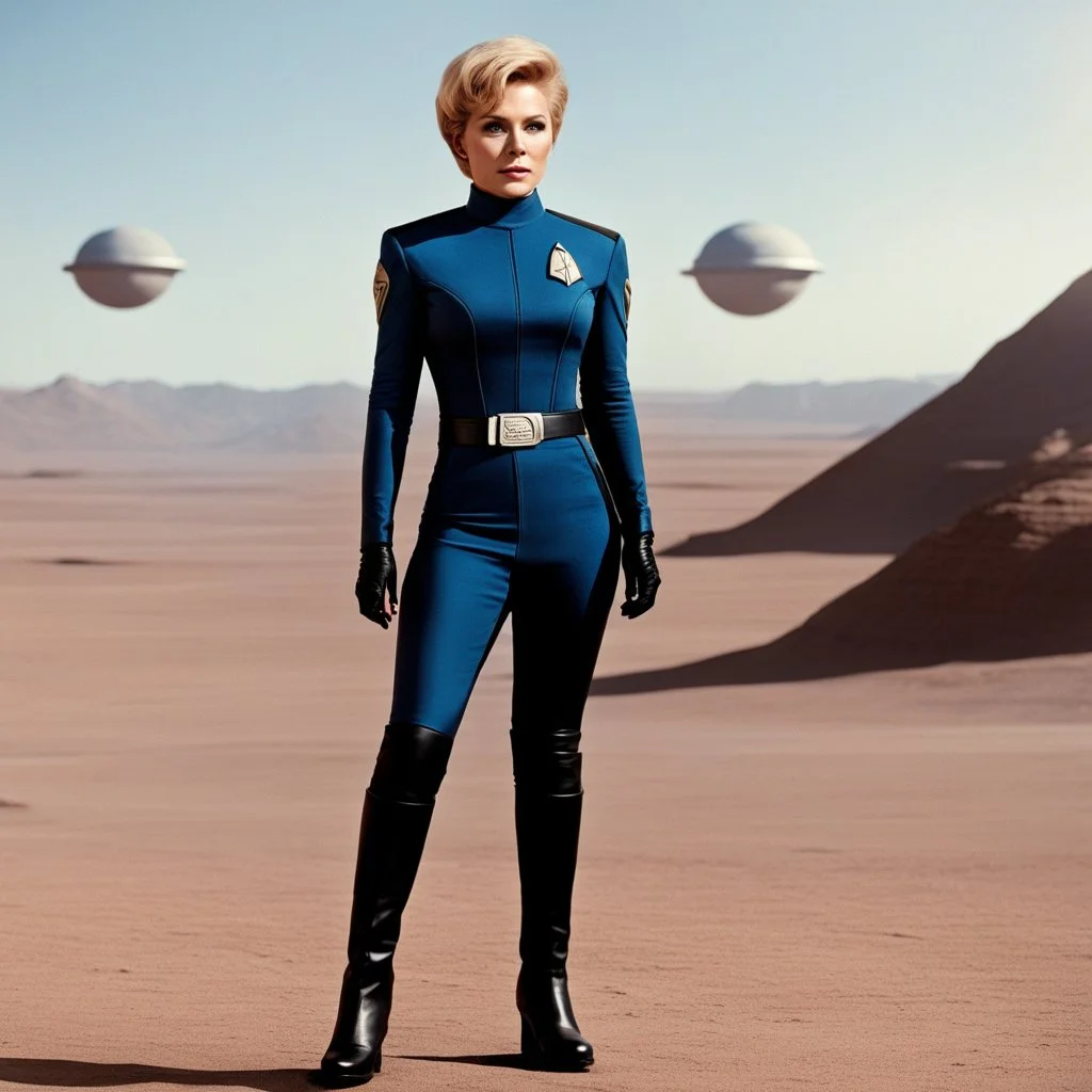 blonde with pixie haircut Karen Cheryl as a Star Trek officer, she wears a long dress and black boots, her badge is visible, she is in an away mission on a strange planet