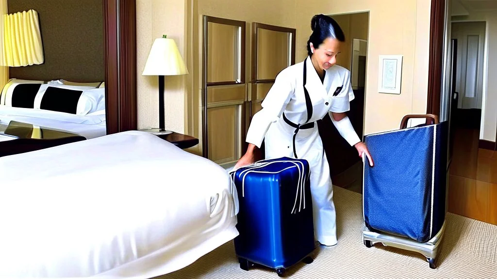 hotel housekeeping taking a suitcase out of someone's room