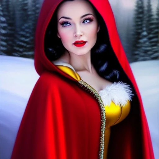 Ultra detailed fullbody Portrait in oil on canvas of beautiful busty female Snow White with red cape with hoodie,extremely detailed digital painting,ultrarealistic skin,intense stare, extremely detailed face, crystal clear eyes, mystical colors ,perfectly centered image, perfect composition, rim light, beautiful lighting,masterpiece ,8k, stunning scene, raytracing, anatomically correct, in the style of Simon Bisley and uncannyknack and Ohrai Noriyoshi and robert e howard and Steve Jung.