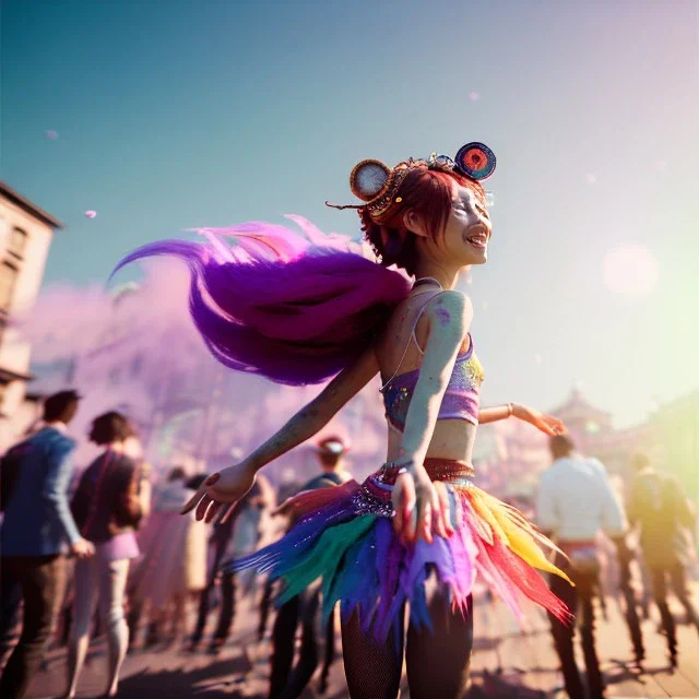 Ultra Realistic photo, medium shot view, drunken sweet dancer Japanese woman, carnival scene, monster hair, steampunk style. Red hair, confeti, smile, happy, festival, ovnis, gradient color fog. highly detailed, concept art, unreal engine 5, ray tracing, RTX, lumen lighting, ultra detail, volumetric lighting, 3d, finely drawn, high definition, high resolution.