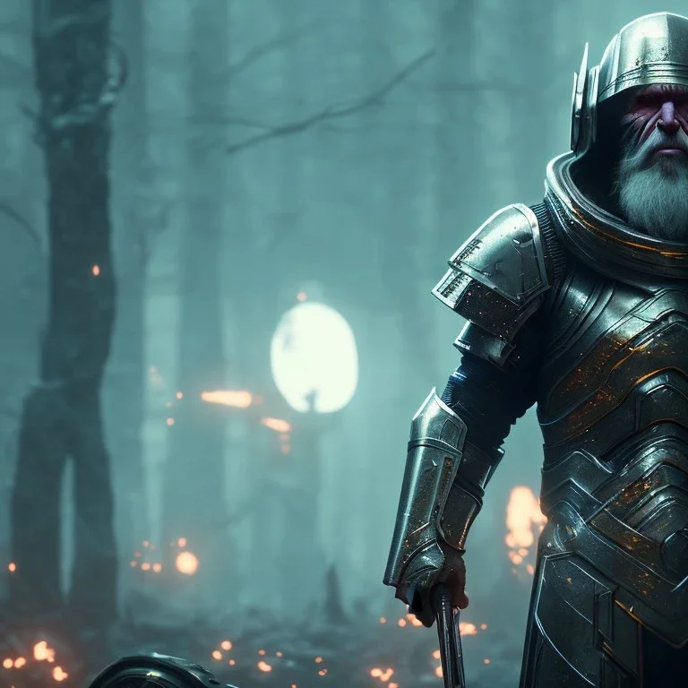 Epic Character design, strong Male void soldier wearing metal armor silver/black/dark gold, mist, photorealistic, octane render, unreal engine 5 style, ultra detailed, volumetric lighting, Organic Horror, old man with helmet scarred face with beard, far view