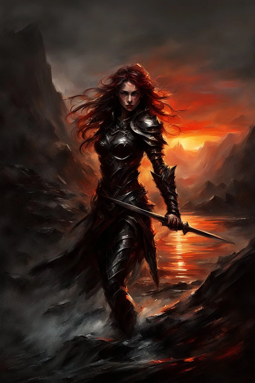 A formidable warrior girl in black armor, on the background Amazing gloomy landscape, flooded with sunset, mountains, trees, fabulous scary hero, , juicy emotions, painting, dark fantasy, bad weather, gloomy day, dark world, by Raymond Swanland & Alyssa Monks & Anna Razumovskaya