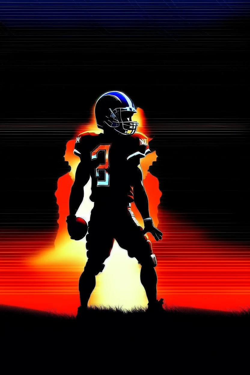 the menacing Silhouette of a football linebacker, the background on the left is red at the top and fading to black at the bottom, the background on the right is orange at the top and fading to dark navy blue at the bottom, background also has stadium lighting and the receding lines of a football field, NFL background