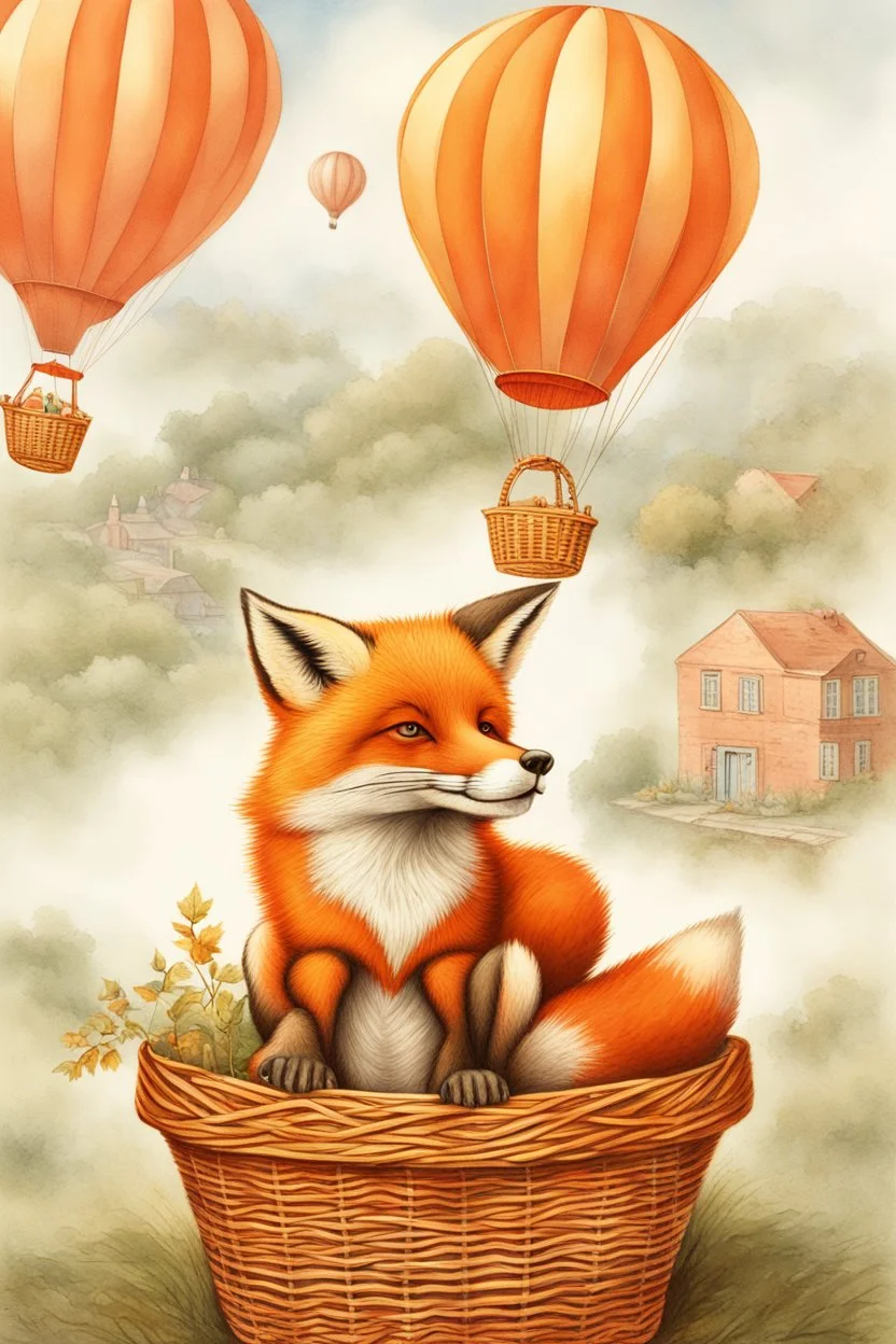 Color illustration of a ultra photo realistic happy red fox sitting "inside" a detailed wicker basket which is "hanging" below a perfect round orange colored hot air ballon nothing should be hanging from the basket, full image of hot air ballon, every element; fox, wicker basket, ballon should be in proportion to one another, in the background you can see the leaning tower of Piza