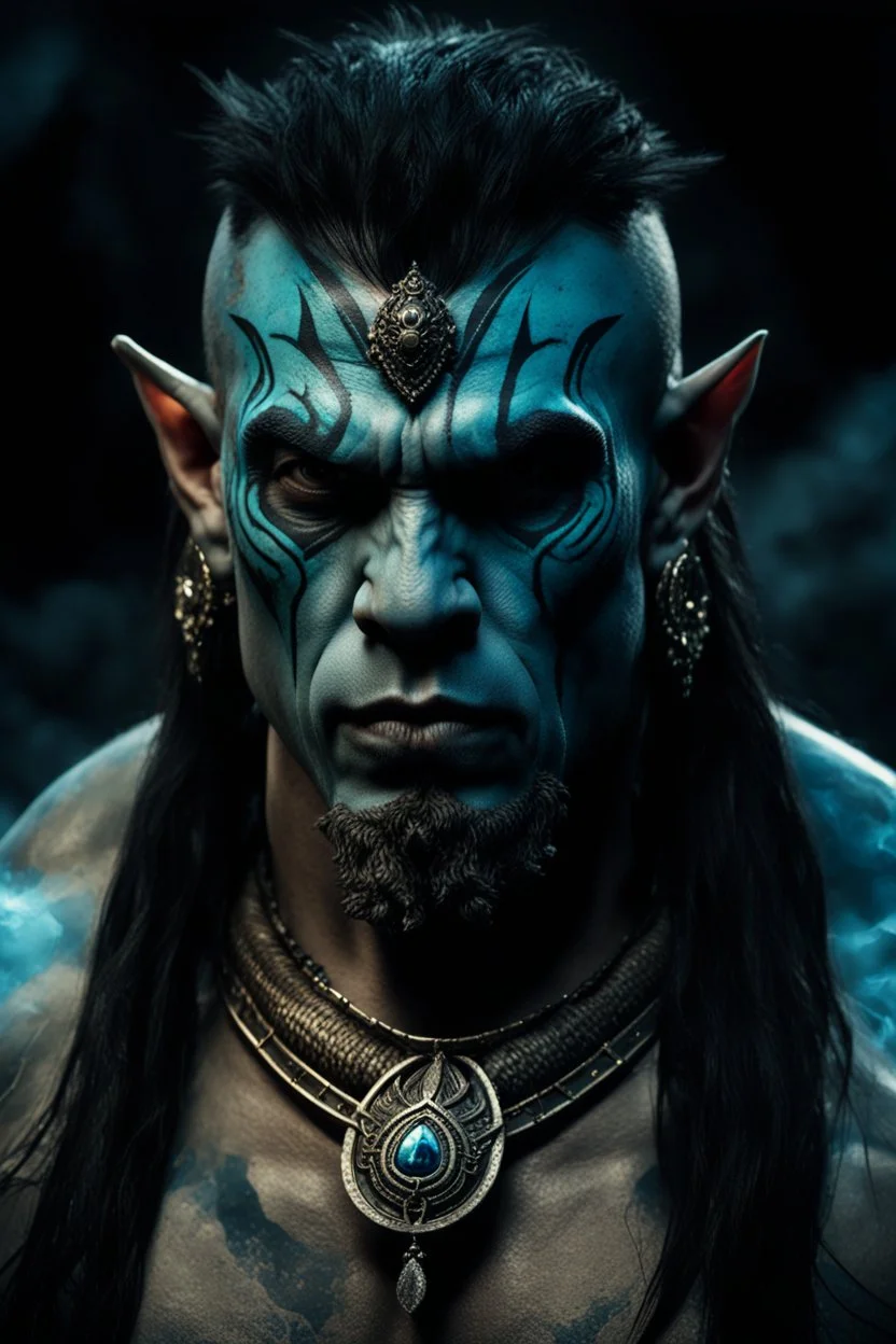 portrait of an orc king with pale skin. scar running across one eye. Tribal Tattoos Dark hair and ice blue eyes. His look is sad. Half of his head is shaved. wearing jewellery. High resolution. 4K. 8K. Dark Fantasy style. Cave in the background