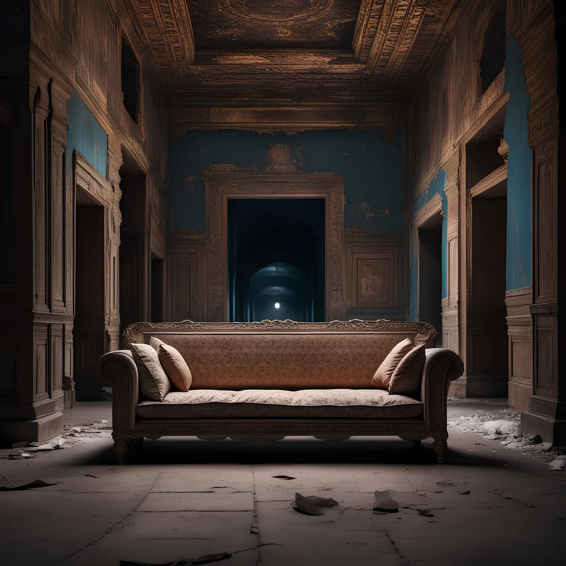 Hyper Realistic traditional ancient broken sofa between a huge dark hallway of a historical Indian palace with peeling wall paints at night