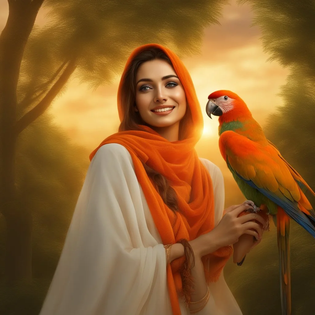 Hyper Realistic close-up-view of a Beautiful-Young-Happy-Pashto-Woman-with-beautiful-eyes-smiling-with-a-parrot, white-dress-&-orange-shawl & breeze-whirling in a jungle-with-tall-trees & cloudy-sunset-&-sun-rays showing dramatic & cinematic ambiance