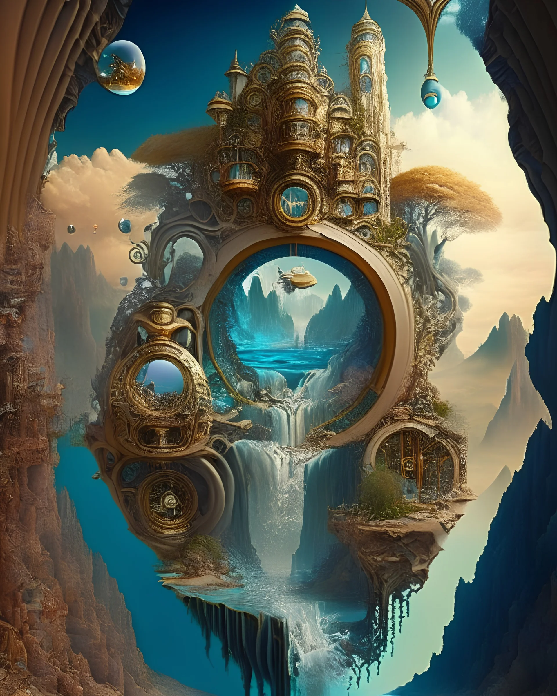 A surreal dreamscape featuring floating islands, gravity-defying waterfalls, and mysterious doorways, in the style of Salvador Dalí, with elements of steampunk aesthetics, mind-bending optical illusions, and intricate clockwork mechanisms, 14K resolution, evoking feelings of wonder, curiosity, and the limitless nature of human imagination.