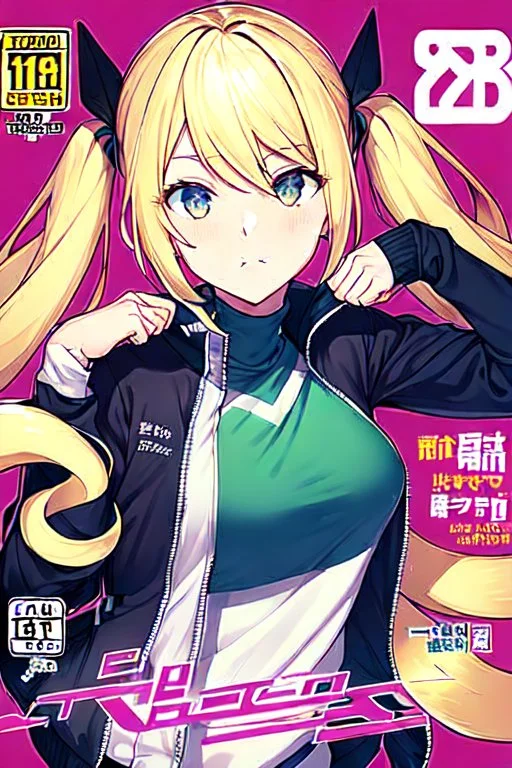 blonde girl with hair with two tails waring jacket, line arts, manga cover