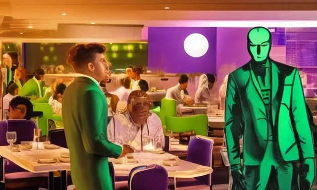 futuristic man in green suit, restaurant with purple lights, full of people, pointing a gun