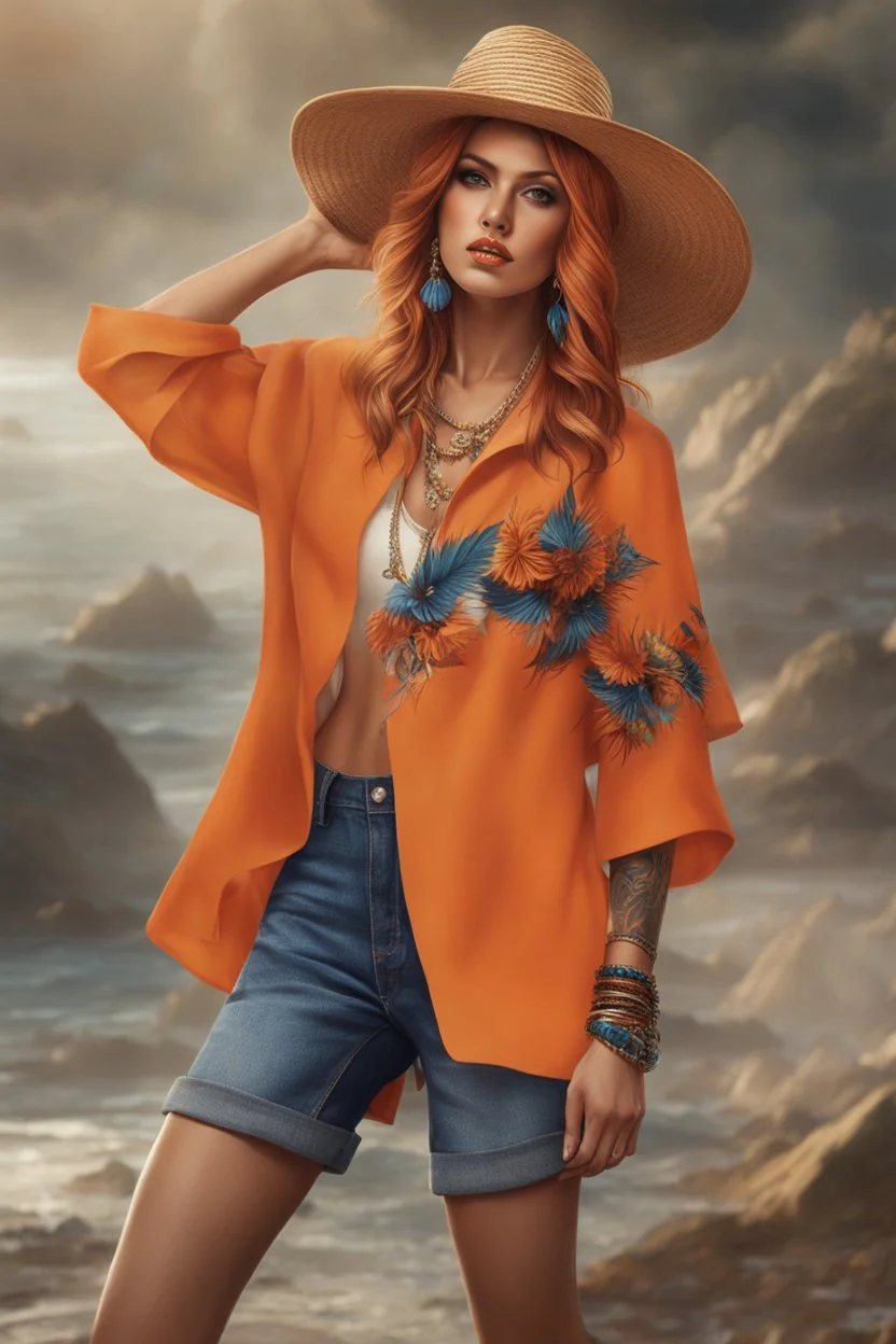 Full body of beautiful girl nami, Hair Color: Orange, Style: Wavy, Outfit Top: Blue, Outfit Bottom: Orange, Shoes: Brown, Accessories: Tangerine, Weapon: Clima-Tact, Hat: Straw, Tattoo: Pinwheel, Earrings: Hoops, sophisticated,, beautiful woman, hyper realistic, hyperrealism, photoreal, realistic, photorealistic, soft pastels, full-body, standing, long shot, wide angle, aesthetic