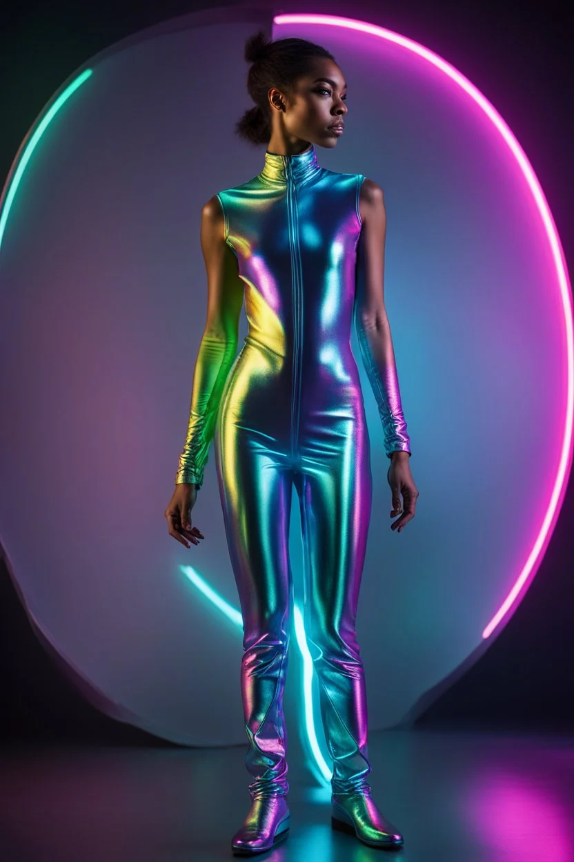 A luminescent young woman, clad in futuristic iridescent jumpsuit attire, strikes a pose for an editorial photo. Exuding neon aesthetics, the rim light highlights her figure, exposing a portion of her body. The image captures her striking presence, with sleek and modern clothing contrasting against the dark backdrop. The high-quality photograph radiates a sense of power and style, drawing viewers into the futuristic world of the model's attire. She is in the middle of lab setup