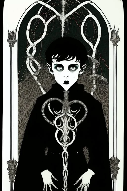 7 year old boy, necromancer, friendly, looks dead,with a lamprey serpent , wearing black robes, in the style of Harry Clarke