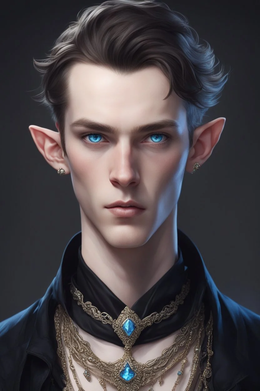 a wealthy young man with pointy ears and blue eyes, wears lots of jewelry, pale skin, soft face, dark clothing