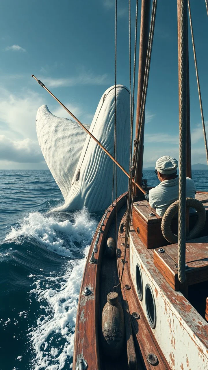 sailor throws harpoon at a big white whale from an old fishing boat, 8k, detalied