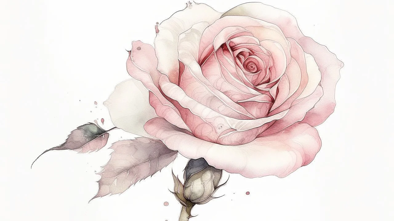 clipart , rose, white background, watercolor, side view, drawing , realism, beautiful, delicate shades, beige, powdery, pink, pale pink, sequins, shimmer, 3d effect, careful drawing of details, volumetric watercolor, aesthetically pleasing, professional photo, realistic photo, hyperdetalization