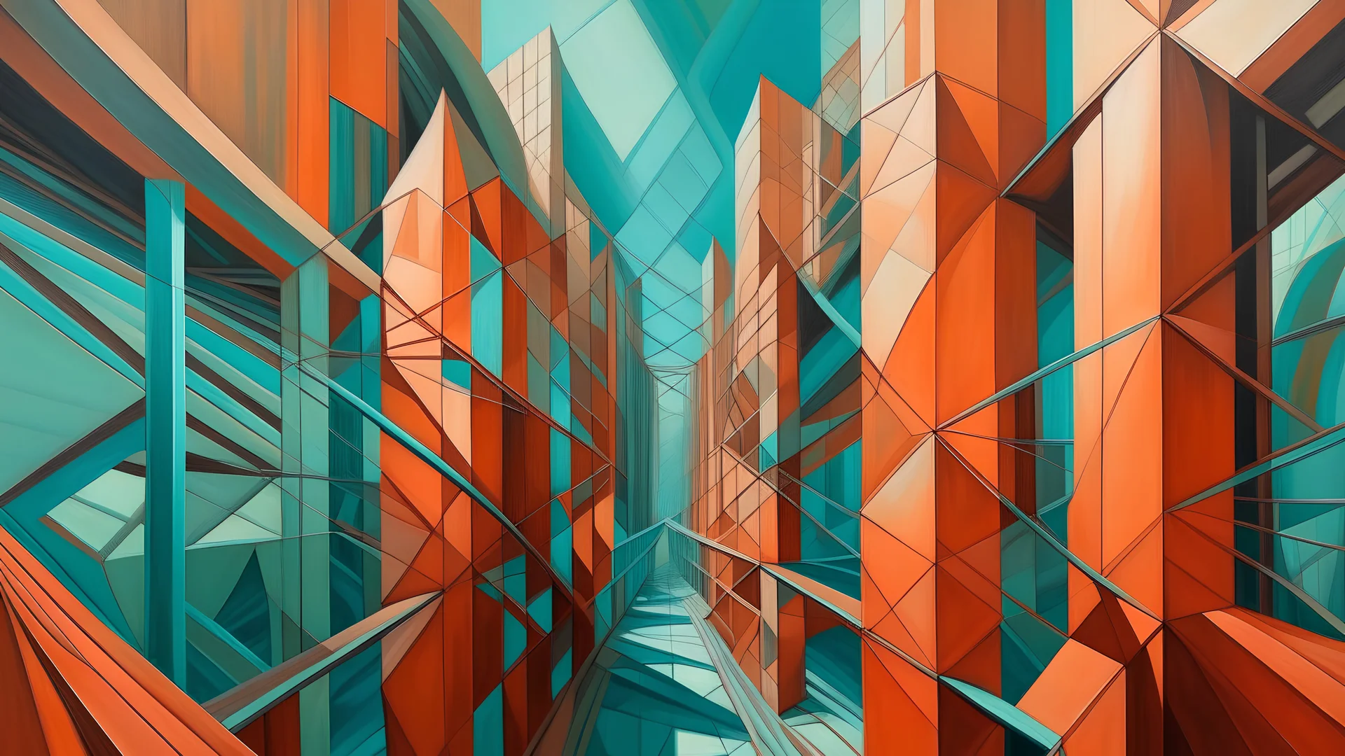 Perspectivism painting depicting a dreamlike, nonlinear environment with interlocking architectural structures and fractured visual planes, mutted teal and terracota color scheme