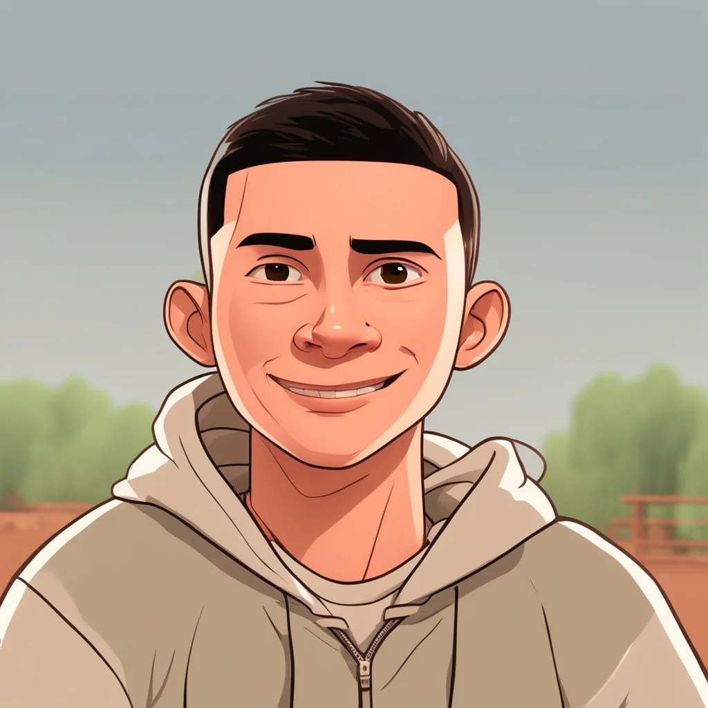 a portrait of smiling young cute western man. caricature. black hair. short buzz cut hair style. light skin. dark eye pupils. small eyes. black thick eyebrow. small short round face shape. a bit small goatee, without moustache. big nose. thick mouth. white sweater hoodie. pixar style. 3D. 4k. portrait. highly detailed. sharp focus. high resolution. full color. cinema lighting