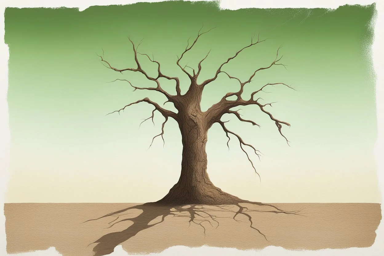 minimal Painting. Rock music cover Art. A dried oak tree, like a human profile. Dry and cracked ground. Surreal. A dried oak tree, which has sprouted a green bud