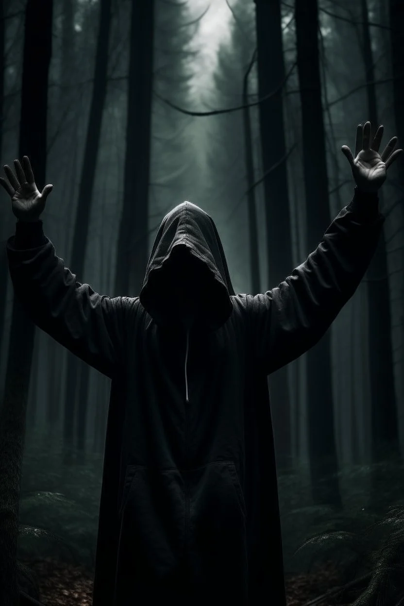 Dark forest , a hooded man is standing, raising his hands up