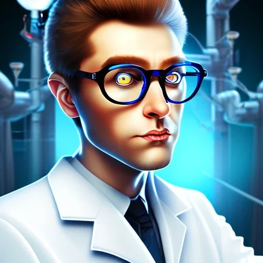 mad scientist with big blue eyes and thick glasses, white cell tower in background, paranoia character