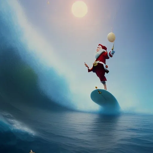 Santa standing of surfboard surfing a big wave, surfboard, beach, character design by cory loftis, fenghua zhong, ryohei hase, ismail inceoglu and ruan jia. unreal engine 5, artistic lighting, highly detailed, photorealistic, fantasy