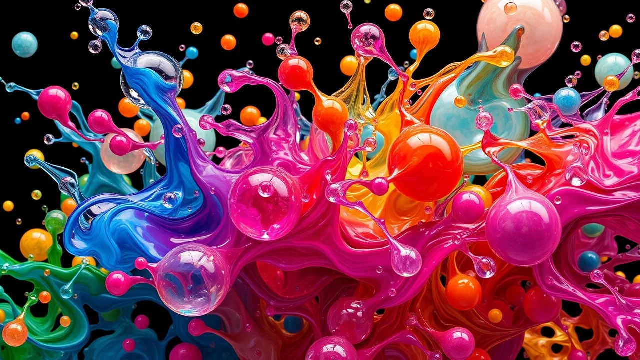 7714. Colourful immiscible liquid globules floating in a wild dance, liquid medium, mixed, distorted, spectacular, strange globular shapes, wild, fantasy, futuristic, artistic, attractive, beautiful lighting, attractive composition, photorealistic, extremely detailed, chiaroscuro