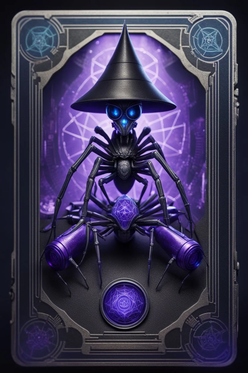 sacred geometry framed playing card, black, blue and purple drum set spider ant priestess cyber in witch hat shadows boss card in the style of Giger and fallout 4 ,bokeh like f/0.8, tilt-shift lens 8k, high detail, smooth render, down-light, unreal engine